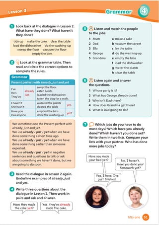 goes to hospital
end writes story
Daniel was at the stadium with his friend Sam.
They were buying tickets for a concert. ‘I’m so
excited about the concert tonight,’ Daniel said,
happily. ‘The Whizz Kids are my favourite band!’
But then Daniel fell down some steps. ‘Ouch!’ he
shouted. ‘My foot hurts!’ Sam phoned Daniel’s dad.
Daniel’s dad took him to the hospital. A doctor
looked at his foot. It was broken! Daniel was very
sad. ‘Oh no! Now I can’t go to the concert,’ he said.
He was reading a book in his hospital room when
suddenly the door opened and a man walked in.
He was Max Loyola, the singer from the Whizz
Kids! ‘Hello, Daniel!’ he said. ‘I saw you fall down
the steps. Now you can’t go to the concert, I
decided to visit you here!’
Max Loyola played his guitar and sang a song in
the hospital room. ‘A concert just for me!’ Daniel
said, with a big smile on his face.
1
2
3
4
5
c
a
b
c
d
e
41
3
Writing
Lesson 9
forty-one
Max Loyola visits him
LQ 