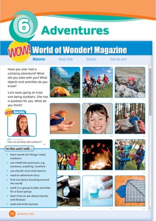 Lara: I hate our school uniform. It’s too plain and boring.
It isn’t fashionable enough!
Bobby: I know, but I think school uniforms are good because
they’re comfortable and smart, and everyone looks
the same. It’s good to be part of a team.
Lara: I don’t want to look the same as everyone. I’d like to
wear something more fun, like a spotted skirt or a
striped sweater.
Bobby: Ha ha! Not together, I hope! Listen, our uniform is
cheaper than other clothes, so everybody can buy
the same things, and that’s important.
Lara: I guess so, but our uniform is so unfashionable! The
sweaters are too baggy, the trousers aren’t tight
enough and the skirts are too long!
Bobby: Come on! It isn’t so bad. Hey, why don’t you design a new
uniform and show the head teacher? ... But don’t ask me
to wear it!
Lara: Yes, I think I will. It will be more fashionable than the old
one ... and you’ll have to wear it to be part of the team!
1 5.3
Listen and read. Do Lara and Bobby feel the same about their uniform?
2 Work in pairs. Read the dialogue again and say True or False. Then say why.
1 Lara likes the school uniform.
2 Bobby thinks it’s good when everyone
looks the same.
3 Lara would like to wear a spotted
sweatshirt.
4 Bobby thinks fashionable clothes are
6 Bobby doesn’t want to wear it.
3 Work in pairs. Underline these expressions in the dialogue. Then use the expressions
and act out the dialogues.
I hope. I guess so. Come on!
62
Lesson 2
Team Talk
WOW!
WOW!
sixty-two
4 What do you think are the good and bad things about uniforms? Write two lists.
Compare with your partner. Do you agree?
,FDQJHWGUHVVHGPRUHTXLFNOLQDXQLIRUPLQWKHPRUQLQJ HV,JXHVVVR
,W·VLPSRUWDQWWR
EHSDUWRIDWHDP
(…)
1 ,·PJRLQJWRWDNH
RIIP7VKLUW
1RWQRZ« 