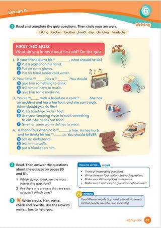 4 Talk to your partner about
the fashions in the text.
3 After you read Read and answer the questions.
Compare your answers with your partner.
1 Have you learned anything new from the text?
2 What do you think is the most interesting fact in
the text?
3 Do you know about any other crazy fashions
from history?
FUNNY
FASHIONS
Today, skirts and dresses are
made of light fabric. But
in the 18th
century, it was
fashionable for rich women
to wear very big, heavy
dresses with whalebone
inside them. It wasn’t
easy to move around.
Sometimes women couldn’t
walk through doors because
their dresses were too wide!
wig
In the 15th
, 16th
and 17th
centuries, some women
wore very high shoes called
chopines. These shoes made
women look tall, and they
protected their dresses from
the dirty roads, but it was
very difficult to walk in them.
Men wore crazy shoes, too. In
the 15th
century, lots of men
wore very long, pointed shoes
called crakowes. Some of these
shoes were 60 cm long. That’s
as long as two normal shoes!
These chopines look
very uncomfortable!
whalebone
Wigs aren’t worn by many people
today, but they were very popular
with men in the 17th
century. The
King of France was losing his hair,
so he started to wear a wig. Men
wanted to have long, curly hair
like the king, so they started to
wear wigs, too.
Wigs were very
expensive, so
only rich men
could wear
them.
Very strange clothes are often
worn by people who want to be
fashionable. Here are some crazy
European fashions from history.
They don’t look very comfortable!
1 Before you read Look quickly at the
text. Which fashion is the funniest?
2 5.19
Listen and read.
,ZRXOGQ·WOLNHWRZHDUWKDW
GUHVVEHFDXVHLW·VWRRZLGH
Some wigs were
enormous!
crazy rich light heavy
pointed normal
Words in context
Activity Book, page 61
68
Reading
Lesson 8
sixty-eight
Literacy: information texts
When you read an information text, you can
choose what order to read it in. Some people
OLNHWRUHDGWKHODEHOVDQGFDSWLRQVĬ
UVW
Reading
tip
 