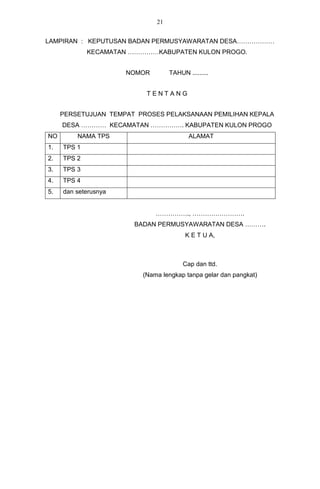 21


LAMPIRAN : KEPUTUSAN BADAN PERMUSYAWARATAN DESA………………
             KECAMATAN ……………KABUPATEN KULON PROGO.


                      NOMOR        TAHUN .........


                          TENTANG


     PERSETUJUAN TEMPAT PROSES PELAKSANAAN PEMILIHAN KEPALA
     DESA ………… KECAMATAN ……………. KABUPATEN KULON PROGO
NO       NAMA TPS                         ALAMAT
1.   TPS 1
2.   TPS 2
3.   TPS 3
4.   TPS 4
5.   dan seterusnya


                              ……………., …………………….
                       BADAN PERMUSYAWARATAN DESA ……….
                                         K E T U A,



                                        Cap dan ttd.
                         (Nama lengkap tanpa gelar dan pangkat)
 