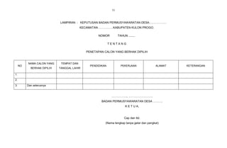 31



                             LAMPIRAN : KEPUTUSAN BADAN PERMUSYAWARATAN DESA………………
                                           KECAMATAN ……………KABUPATEN KULON PROGO.

                                                     NOMOR         TAHUN ........

                                                             TENTANG

                                              PENETAPAN CALON YANG BERHAK DIPILIH


          NAMA CALON YANG     TEMPAT DAN
     NO                                         PENDIDIKAN           PEKERJAAN              ALAMAT   KETERANGAN
            BERHAK DIPILIH   TANGGAL LAHIR

1.

2.

3.        Dan seterusnya



                                                              ……………., …………………….
                                                       BADAN PERMUSYAWARATAN DESA ……….
                                                                         K E T U A,



                                                                        Cap dan ttd.
                                                         (Nama lengkap tanpa gelar dan pangkat)
 