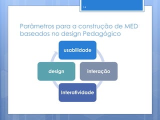 Parâmetros para a construção de MED
baseados no design Pedagógico
usabilidade
interação
Interatividade
design
14
 