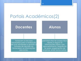 Portais Académicos(2)
18
Docentes
fornecem os recursos
necessários para a realização
de suas atividades e apoiam a
tomada de decisão ao
fornecerem as informações
relevantes.
Alunos
permitem-lhes ter acesso fácil,
rápido e seguro às
informações sobre o seu
aproveitamento, frequência
às aulas, pagamentos de
propinas, entre tantos outros.
 