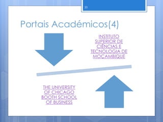 Portais Académicos(4)
INSTITUTO
SUPERIOR DE
CIÊNCIAS E
TECNOLOGIA DE
MOÇAMBIQUE
THE UNIVERSITY
OF CHICAGO
BOOTH SCHOOL
OF BUSINESS
20
 