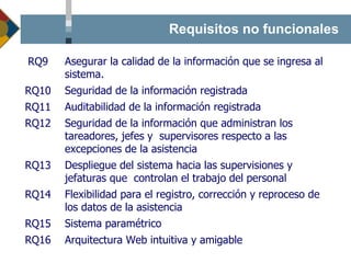 Requisitos no funcionales Arquitectura Web intuitiva y amigable RQ16 Sistema  paramétrico RQ15 Flexibilidad para el registro, corrección y reproceso de  los datos de la asistencia  RQ14 Despliegue del sistema hacia las supervisiones y jefaturas que  controlan el trabajo del personal  RQ13 Seguridad de la información que administran los tareadores, jefes y  supervisores respecto a las excepciones de la asistencia  RQ12 Auditabilidad  de la información registrada  RQ11 Seguridad de la información registrada  RQ10 Asegurar la calidad de la información que se ingresa al  sistema.  RQ9 