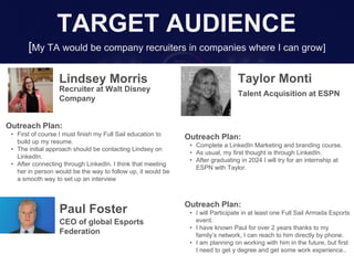 [My TA would be company recruiters in companies where I can grow]
TARGET AUDIENCE
Lindsey Morris
Outreach Plan:
• First of...