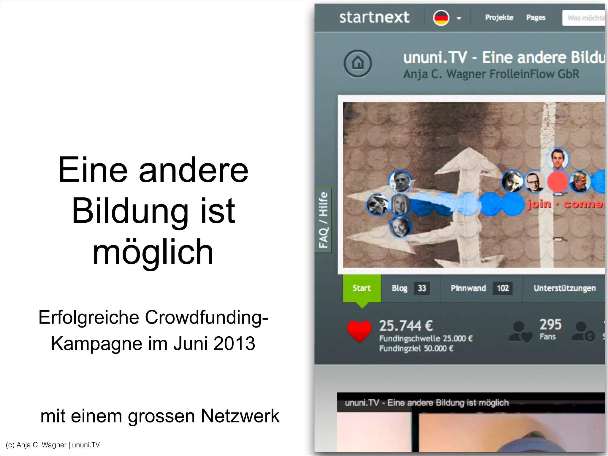 (c) Anja C. Wagner | ununi.TV
Eine andere
Bildung ist
möglich
Erfolgreiche Crowdfunding-
Kampagne im Juni 2013
mit einem grossen Netzwerk
 