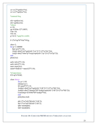 zx=cx/2*sqrt(ksx*m);
zz=cz/2*sqrt(ksz*m);
%natural freq
nfx=sqrt(ksx/m);
nfz=sqrt(ksz/m);
%force
n=10;
ep=8.854e-12*1.0053;
Vdc=10;
V0=10;
g=2e-6; %gap bw combs
F=2*n*ep*h*Vdc*V0/g;
ohm=2;
for p=1:108000
f(p)=p/(2*3.14);
Ax(p)=abs(F/(m*sqrt((nfx^2-p^2)^2+(2*zx*p)^2)));
Az(p)=abs(2*ohm*p*Ax(p)/sqrt((nfz^2-p^2)+(2*zz*p)^2));
end
plot(f,Az)
anfx=nfx/(2*3.14);
anfz=nfz/(2*3.14);
aaaz=max(Az);
aaanf=find(Az==aaaz)/(2*3.14);
%Capacitance
C0=ep*a*b/h0;
clear ohm p
for p=1:101
ohm(p)=p-1;
fd=aaanf*2*3.14;
Axd(p)=abs(F/(m*sqrt((nfx^2-fd^2)^2+(2*zx*fd)^2)));
Azd(p)=abs(2*ohm(p)*fd*Axd(p)/sqrt((nfz^2-fd^2)+(2*zz*fd)^2));
Current(p)=(C0/h0)*fd*Azd(p)*Vdc;
end
plot(ohm,Azd)
phi=2*zx*nfx*fd/(nfx^2-fd^2);
del=2*zz*nfz*fd/(nfz^2-fd^2);
tphi=atand(phi);
tdel=atand(del);
FIGURE 10: CODE FOR MEMS DEVICE VIBRATION ANALYSIS
23
 
