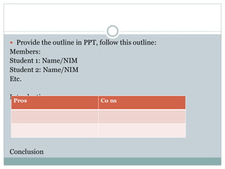  Provide the outline in PPT, follow this outline:
Members:
Student 1: Name/NIM
Student 2: Name/NIM
Etc.
Introduction:
Conclusion
Pros Co ns
 