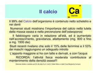 Il calcio
    Il 99% del Calcio dell’organismo è contenuto nello scheletro e 
nei denti
     Numerosi studi mostrano l’importanza del calcio nella tutela 
della massa ossea e nella prevenzione dell’osteoporosi
        Il  fabbisogno  varia  in  relazione  all’età,  ed  è  aumentato 
nell’accrescimento,  gravidanza,  allattamento  (mg.  800  e  fino 
a mg. 1500 die)
    Studi recenti rivelano che solo il 15% delle femmine e il 53% 
dei maschi raggiungono un adeguato introito
     L’apporto maggiore si ha con latte e derivati, e con l’acqua
        RICORDA:  l’attività  fisica  moderata  contribuisce  al 
mantenimento della densità ossea!!!
Materiale didattico riadattato per Eli Lilly Italia S.p.A. dal Dr. Walter Milano e dalla D.ssa Margherita Comazzi. 

 