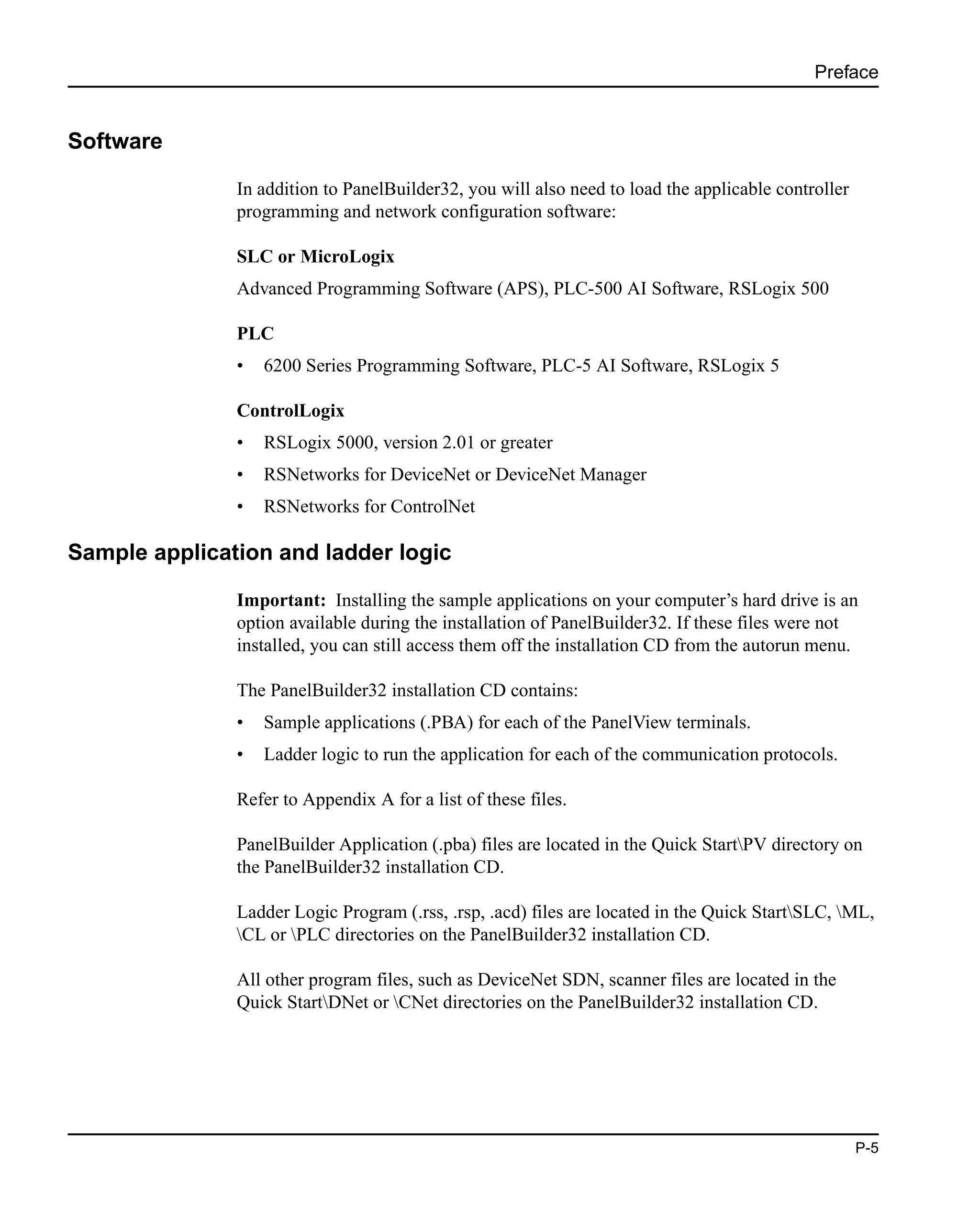 Preface
P-5
Software
In addition to PanelBuilder32, you will also need to load the applicable controller
programming and network configuration software:
SLC or MicroLogix
Advanced Programming Software (APS), PLC-500 AI Software, RSLogix 500
PLC
• 6200 Series Programming Software, PLC-5 AI Software, RSLogix 5
ControlLogix
• RSLogix 5000, version 2.01 or greater
• RSNetworks for DeviceNet or DeviceNet Manager
• RSNetworks for ControlNet
Sample application and ladder logic
Important: Installing the sample applications on your computer’s hard drive is an
option available during the installation of PanelBuilder32. If these files were not
installed, you can still access them off the installation CD from the autorun menu.
The PanelBuilder32 installation CD contains:
• Sample applications (.PBA) for each of the PanelView terminals.
• Ladder logic to run the application for each of the communication protocols.
Refer to Appendix A for a list of these files.
PanelBuilder Application (.pba) files are located in the Quick StartPV directory on
the PanelBuilder32 installation CD.
Ladder Logic Program (.rss, .rsp, .acd) files are located in the Quick StartSLC, ML,
CL or PLC directories on the PanelBuilder32 installation CD.
All other program files, such as DeviceNet SDN, scanner files are located in the
Quick StartDNet or CNet directories on the PanelBuilder32 installation CD.
 