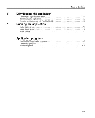 Table of Contents
toc-iii
6 Downloading the application
Checking the application for errors . . . . . . . . . . . . . . . . . . . . . . . . . . . . . . . . . . . . . . . . . 6-1
Downloading the application. . . . . . . . . . . . . . . . . . . . . . . . . . . . . . . . . . . . . . . . . . . . . . 6-2
Close the application and exit PanelBuilder32 . . . . . . . . . . . . . . . . . . . . . . . . . . . . . . . . 6-5
7 Running the application
Motor Status screen . . . . . . . . . . . . . . . . . . . . . . . . . . . . . . . . . . . . . . . . . . . . . . . . . . . . . 7-1
Motor Speed screen . . . . . . . . . . . . . . . . . . . . . . . . . . . . . . . . . . . . . . . . . . . . . . . . . . . . . 7-2
Alarm Banner. . . . . . . . . . . . . . . . . . . . . . . . . . . . . . . . . . . . . . . . . . . . . . . . . . . . . . . . . . 7-3
Application programs
PanelBuilder32 application programs . . . . . . . . . . . . . . . . . . . . . . . . . . . . . . . . . . . . . . .A-2
Ladder logic programs. . . . . . . . . . . . . . . . . . . . . . . . . . . . . . . . . . . . . . . . . . . . . . . . . . .A-3
Scanner programs . . . . . . . . . . . . . . . . . . . . . . . . . . . . . . . . . . . . . . . . . . . . . . . . . . . . .A-38
 