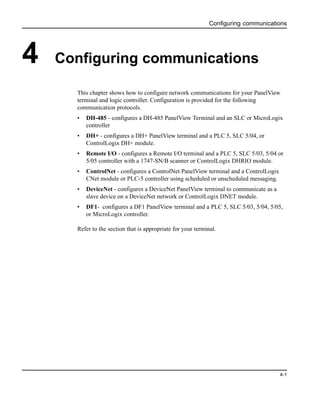 Configuring communications
4-1
4 Configuring communications
This chapter shows how to configure network communications for your PanelView
terminal and logic controller. Configuration is provided for the following
communication protocols.
• DH-485 - configures a DH-485 PanelView Terminal and an SLC or MicroLogix
controller
• DH+ - configures a DH+ PanelView terminal and a PLC 5, SLC 5/04, or
ControlLogix DH+ module.
• Remote I/O - configures a Remote I/O terminal and a PLC 5, SLC 5/03, 5/04 or
5/05 controller with a 1747-SN/B scanner or ControlLogix DHRIO module.
• ControlNet - configures a ControlNet PanelView terminal and a ControlLogix
CNet module or PLC-5 controller using scheduled or unscheduled messaging.
• DeviceNet - configures a DeviceNet PanelView terminal to communicate as a
slave device on a DeviceNet network or ControlLogix DNET module.
• DF1- configures a DF1 PanelView terminal and a PLC 5, SLC 5/03, 5/04, 5/05,
or MicroLogix controller.
Refer to the section that is appropriate for your terminal.
 
