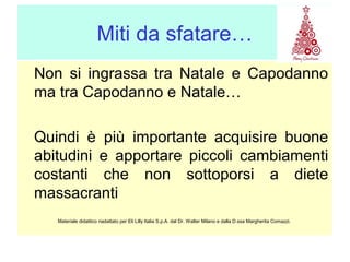 Miti da sfatare…
Non si ingrassa tra Natale e Capodanno
ma tra Capodanno e Natale…
Quindi è più importante acquisire buone
abitudini e apportare piccoli cambiamenti
costanti che non sottoporsi a diete
massacranti
Materiale didattico riadattato per Eli Lilly Italia S.p.A. dal Dr. Walter Milano e dalla D.ssa Margherita Comazzi.

 