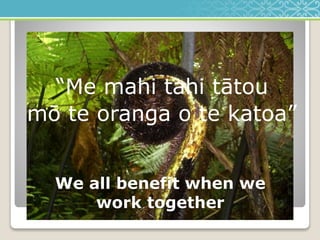 We all benefit when we
work together
“Me mahi tahi tātou
mō te oranga o te katoa”
 