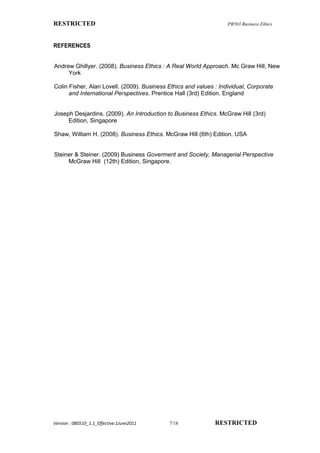 RESTRICTED                                                         PB503 Business Ethics



REFERENCES


Andrew Ghillyer. (2008). Business Ethics : A Real World Approach. Mc Graw Hill, New
     York

Colin Fisher, Alan Lovell. (2009). Business Ethics and values : Individual, Corporate
      and International Perspectives. Prentice Hall (3rd) Edition. England


Joseph Desjardins. (2009). An Introduction to Business Ethics. McGraw Hill (3rd)
     Edition, Singapore

Shaw, William H. (2008). Business Ethics. McGraw Hill (6th) Edition. USA


Steiner & Steiner. (2009) Business Goverment and Society, Managerial Perspective
     McGraw Hill (12th) Edition, Singapore.




Version : 080510_1.1_Effective:1June2011    7/18              RESTRICTED
 