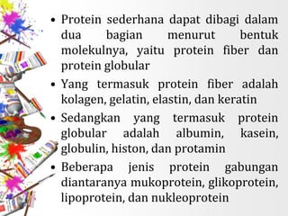 • Protein sederhana dapat dibagi dalam
dua bagian menurut bentuk
molekulnya, yaitu protein fiber dan
protein globular
• Yang termasuk protein fiber adalah
kolagen, gelatin, elastin, dan keratin
• Sedangkan yang termasuk protein
globular adalah albumin, kasein,
globulin, histon, dan protamin
• Beberapa jenis protein gabungan
diantaranya mukoprotein, glikoprotein,
lipoprotein, dan nukleoprotein
 