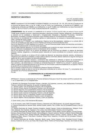 Decreto P. Ejecutivo Prov. de Buenos Aires 268/19 Convocatoria a elecciones