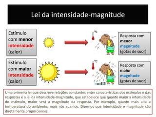 Lei da intensidade-magnitude

  Estímulo                                                             Resposta com
  com menor                                                            menor
  intensidade                                                          magnitude
  (calor)                                                              (gotas de suor)

  Estímulo                                                             Resposta com
  com maior                                                            maior
  intensidade                                                          magnitude
  (calor)                                                              (gotas de suor)

Uma primeira lei que descreve relações constantes entre características dos estímulos e das
respostas é a lei da intensidade-magnitude, que estabelece que quanto maior a intensidade
do estímulo, maior será a magnitude da resposta. Por exemplo, quanto mais alta a
temperatura do ambiente, mais nós suamos. Dizemos que intensidade e magnitude são
diretamente proporcionais.
 