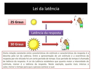 Lei da latência

       25 Graus


                             Latência da resposta


       30 Graus

Outra relação constante entre características do estímulo e características da resposta é a
descrita pela Lei da Latência. Entre a apresentação de um estímulo e a ocorrência da
resposta por ele eliciada há um certo período de tempo. Esse período de tempo é chamado
de latência da resposta. A Lei da Latência estabelece que quanto maior a intensidade do
estímulo, menor é a latência da resposta. Neste exemplo, quanto mais intenso o
calor, menor o tempo para que a pessoa comece a suar.
 