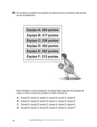 29. En la tabla se muestran los equipos de baloncesto que marcaron más puntos 
en las competencias 
Para entregar un premio especial, el colegio debe organizar los equipos de 
mayor a menor número de puntaje. El orden correcto es: 
A. Equipo D, equipo A, equipo C, equipo B, equipo F, equipo E. 
B. Equipo D, equipo A, equipo B, equipo C. equipo E, equipo F. 
C. Equipo D, equipo B, equipo C, equipo A, equipo F, equipo E. 
D. Equipo D, equipo C, equipo B, equipo A, equipo E, equipo F. 
22 CUARTO GRADO • ACTIVIDAD DIAGNÓSTICA 
 