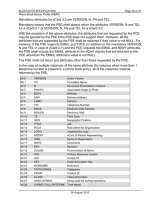 BLUETOOTH SPECIFICATION Page 30 of 41
Phone Book Access Profile (PBAP)
26 August 2010
Mandatory attributes for vCard 3.0 are VERSION, N, FN and TEL.
Mandatory means that the PSE shall always return the attributes VERSION, N and TEL
for a vCard 2.1 or VERSION, N, FN and TEL for a vCard 3.0.
With the exception of the above attributes, the attributes that are requested by the PCE
may be ignored by the PSE if the PSE does not support them. However, all the
attributes that are supported by the PSE shall be returned if their value is not NULL. For
instance, if the PSE supports EMAIL and TITLE (in addition to the mandatory VERSION,
N and TEL in case of vCard 2.1) and the PCE requests the EMAIL and BDAY attributes,
the PSE shall include the EMAIL attribute in the vCard objects that are returned to the
PCE whenever the EMAIL attribute’s value is not NULL.
The PSE shall not return any attributes other than those requested by the PCE.
In the case of multiple instances of the same attribute (for instance when more than 1
telephone number is present in a phone book entry), all of the instances shall be
returned by the PSE.
bit 0 VERSION vCard Version
Bit 1 FN Formatted Name
bit 2 N Structured Presentation of Name
bit 3 PHOTO Associated Image or Photo
bit 4 BDAY Birthday
bit 5 ADR Delivery Address
bit 6 LABEL Delivery
bit 7 TEL Telephone Number
bit 8 EMAIL Electronic Mail Address
bit 9 MAILER Electronic Mail
bit 10 TZ Time Zone
bit 11 GEO Geographic Position
bit 12 TITLE Job
bit 13 ROLE Role within the Organization
bit 14 LOGO Organization Logo
bit 15 AGENT vCard of Person Representing
bit 16 ORG Name of Organization
bit 17 NOTE Comments
bit 18 REV Revision
bit 19 SOUND Pronunciation of Name
bit 20 URL Uniform Resource Locator
bit 21 UID Unique ID
bit 22 KEY Public Encryption Key
bit 23 NICKNAME Nickname
bit 24 CATEGORIES Categories
bit 25 PROID Product ID
bit 26 CLASS Class information
bit 27 SORT-STRING String used for sorting operations
bit 28 X-IRMC-CALL-DATETIME Time stamp
 