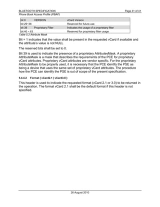 BLUETOOTH SPECIFICATION Page 31 of 41
Phone Book Access Profile (PBAP)
26 August 2010
bit 0 VERSION vCard Version
bit 29~38 Reserved for future use
bit 39 Proprietary Filter Indicates the usage of a proprietary filter
bit 40 ~ 63 Reserved for proprietary filter usage
Table 5.2 Attribute Mask
Bit = 1 indicates that the value shall be present in the requested vCard if available and
the attribute’s value is not NULL
The reserved bits shall be set to 0.
Bit 39 is used to indicate the presence of a proprietary AttributesMask. A proprietary
AttributeMask is a mask that describes the requirements of the PCE for proprietary
vCard attributes. Proprietary vCard attributes are vendor specific. For the proprietary
AttributeMask to be properly used, it is necessary that the PCE identify the PSE as
being a device that uses the same set of proprietary vCard attributes. The procedure
how the PCE can identify the PSE is out of scope of the present specification.
5.4.4.2 Format { vCard2.1 | vCard3.0 }
This header is used to indicate the requested format (vCard 2.1 or 3.0) to be returned in
the operation. The format vCard 2.1 shall be the default format if this header is not
specified.
 