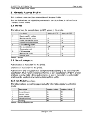BLUETOOTH SPECIFICATION Page 38 of 41
Phone Book Access Profile (PBAP)
26 August 2010
8 Generic Access Profile
This profile requires compliance to the Generic Access Profile.
This section defines the support requirements for the capabilities as defined in the
“Generic Access Profile”.
8.1 Modes
The table shows the support status for GAP Modes in this profile.
Procedure Support in PCE Support in PSE
1 Discoverability modes
Non-discoverable mode O O
Limited discoverable mode O O
General discoverable mode M M
2 Connectability modes
Non-connectable mode N/A N/A
Connectable mode O M
3 Pairing modes
Non-pairable mode O O
Pairable mode M M
Table 8.1: Modes
8.2 Security Aspects
Authentication is mandatory for this profile.
Encryption is mandatory for this profile.
Authentication and encryption shall be implemented according to the applicable GAP
specification. Thus implementations conforming to core specification 2.1+EDR, or later,
shall use security mode 4.Since authentication is always mandatory, security mode 1
shall never be used with any implementations of this profile.
8.2.1 Idle Mode Procedures
The following table shows the support status for Idle mode procedures within this
profile:
Procedure Support in PCE Support in PSE
1 General inquiry O M
2 Limited inquiry O O
3 Name discovery O O
4 Device discovery O O
5 Bonding M M
Table 8.2: Idle Mode Procedures
 