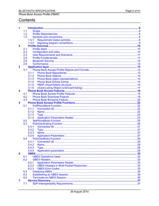 BLUETOOTH SPECIFICATION Page 5 of 41
Phone Book Access Profile (PBAP)
26 August 2010
Contents
1 Introduction .................................................................................................................................... 8
1.1 Scope......................................................................................................................................... 8
1.2 Profile Dependencies ................................................................................................................ 8
1.3 Symbols and conventions.......................................................................................................... 8
1.3.1 Requirement status symbols............................................................................................... 8
1.3.2 Signaling diagram conventions........................................................................................... 9
2 Profile Overview ........................................................................................................................... 10
2.1 Profile stack ............................................................................................................................. 10
2.2 Configuration and roles ........................................................................................................... 10
2.3 User Requirements and Scenarios ......................................................................................... 11
2.4 Profile Fundamentals............................................................................................................... 11
2.5 Bluetooth Security ................................................................................................................... 12
2.6 Conformance ........................................................................................................................... 12
3 Application layer .......................................................................................................................... 13
3.1 Phone Book Access Profile Objects and Formats................................................................... 13
3.1.1 Phone Book Repositories ................................................................................................. 13
3.1.2 Phone Book Objects ......................................................................................................... 13
3.1.3 Phone Book object representations.................................................................................. 13
3.1.4 Phone Book Entries format............................................................................................... 14
3.1.5 PBAP virtual folders structure........................................................................................... 14
3.1.6 vCard-Listing Object (x-bt/vcard-listing)............................................................................ 17
4 Phone Book Access Features .................................................................................................... 19
4.1 Phone Book Access Profile Features...................................................................................... 19
4.2 Phone Book Download Feature .............................................................................................. 19
4.3 Phone Book Browsing Feature................................................................................................ 20
5 Phone Book Access Profile Functions...................................................................................... 22
5.1 PullPhoneBook Function ......................................................................................................... 22
5.1.1 Connection ID ................................................................................................................... 22
5.1.2 Name................................................................................................................................. 22
5.1.3 Type .................................................................................................................................. 23
5.1.4 Application Parameters Header ........................................................................................ 23
5.2 SetPhoneBook Function.......................................................................................................... 25
5.3 PullvCardListing Function........................................................................................................ 26
5.3.1 Connection ID ................................................................................................................... 27
5.3.2 Type .................................................................................................................................. 27
5.3.3 Name................................................................................................................................. 27
5.3.4 Application Parameters..................................................................................................... 27
5.4 PullvCardEntry Function.......................................................................................................... 29
5.4.1 Connection ID ................................................................................................................... 29
5.4.2 Name................................................................................................................................. 29
5.4.3 Type .................................................................................................................................. 29
5.4.4 Application parameters ..................................................................................................... 29
6 OBEX ............................................................................................................................................. 32
6.1 OBEX Operations Used........................................................................................................... 32
6.2 OBEX Headers ........................................................................................................................ 32
6.2.1 Application Parameters Header ........................................................................................ 33
6.2.2 OBEX Headers in Multi-Packet Responses...................................................................... 33
6.2.3 OBEX Error Codes............................................................................................................ 33
6.3 Initializing OBEX...................................................................................................................... 35
6.4 Establishing an OBEX Session ............................................................................................... 36
6.5 Terminate an OBEX Session................................................................................................... 36
7 Service Discovery ........................................................................................................................ 37
7.1 SDP Interoperability Requirements ......................................................................................... 37
 