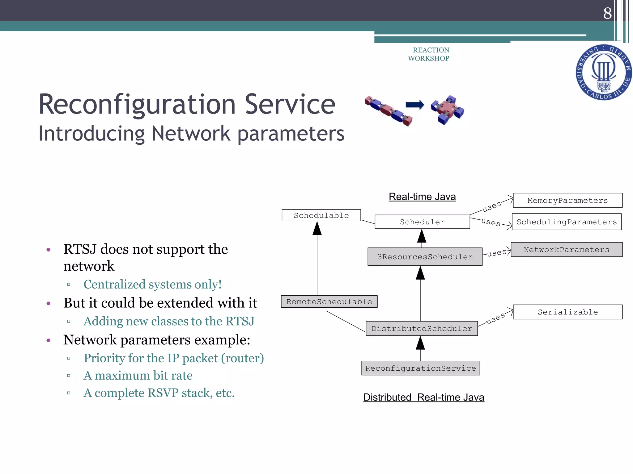Reconfiguration Service
Introducing Network parameters
• RTSJ does not support the
network
▫ Centralized systems only!
• But it could be extended with it
▫ Adding new classes to the RTSJ
• Network parameters example:
▫ Priority for the IP packet (router)
▫ A maximum bit rate
▫ A complete RSVP stack, etc.
Scheduler
DistributedScheduler
Real-time Java
Distributed Real-time Java
uses MemoryParameters
SchedulingParametersuses
3ResourcesScheduler
NetworkParameters
uses
Serializable
ReconfigurationService
uses
Schedulable
RemoteSchedulable
8
REACTION
WORKSHOP
 