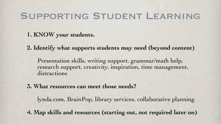 Supporting Student Learning
1. KNOW your students.
2. Identify what supports students may need (beyond content)
Presentation skills, writing support, grammar/math help,
research support, creativity, inspiration, time management,
distractions
3. What resources can meet those needs?
lynda.com, BrainPop, library services, collaborative planning
4. Map skills and resources (starting out, not required later on)
 