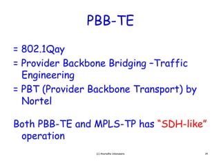 PBB TE
               PBB-TE

= 802 1Qay
  802.1Qay
= Provider Backbone Bridging –Traffic
  Engineering
  E i      i
= PBT (Provider Backbone Transport) by
                               p      y
  Nortel

Both PBB-TE and MPLS-TP has “SDH-like”
 operation
                 (c) Anuradha Udunuwara   14
 