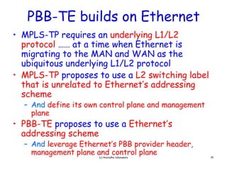 PBB-TE builds on Ethernet
• MPLS-TP requires an underlying L1/L2
  p
  protocol …… at a time when Ethernet is
  migrating to the MAN and WAN as the
  ubiquitous underlying L1/L2 protocol
• MPLS TP proposes t use a L2 switching l b l
  MPLS-TP             to            it hi label
  that is unrelated to Ethernet’s addressing
  scheme
  – And define its own control plane and management
    plane
• PBB TE proposes t use a Eth
  PBB-TE          to      Ethernet’s
                                 t’
  addressing scheme
  – And leverage Ethernet’s PBB provider header,
                 Ethernet s              header
    management plane and control plane
                      (c) Anuradha Udunuwara          15
 