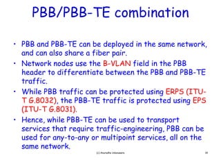 PBB/PBB-TE combination

• PBB and PBB-TE can be deployed in the same network,
                             p y                         ,
  and can also share a fiber pair.
• Network nodes use the B-VLAN field in the PBB
  header t diff
  h d to differentiate between th PBB and PBB TE
                     ti t b t       the        d PBB-TE
  traffic.
• While PBB traff c can be protected using ERPS (ITU-
  Wh le BB traffic                     us ng E S (
  T G.8032), the PBB-TE traffic is protected using EPS
  (ITU-T G.8031).
• H
  Hence, while PBB-TE can be used to transport
           hil PBB TE       b      dt t         t
  services that require traffic-engineering, PBB can be
  used for any-to-any or multipoint services, all on the
              y      y         p
  same network.
                        (c) Anuradha Udunuwara           19
 