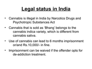 Legal status in India
• Cannabis is illegal in India by Narcotics Drugs and
Psychotropic Substances Act
• Cannabis that is sold as ‘Bhang’ belongs to the
cannabis indica variety, which is different from
cannabis sativa.
• Use of cannabis can lead to 6 months imprisonment
or/and Rs.10,000/- in fine.
• Imprisonment can be waived if the offender opts for
de-addiction treatment.
 