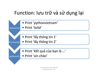 Function: lưu trữ và sử dụng lại
Welcome()
• Print ‘pythonvietnam’
• Print ‘loitd’
Processing()
• Print ‘lấy thông tin 1’
• Print ‘lấy thông tin 2’
getResult()
• Print ‘Kết quả của bạn là …’
• Print ‘xin chào’
PythonBeginnerClass @loitd
#pythonvietnam.info
 