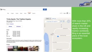 With more than 20%
of search market
share in the US and
rapidly increasing
traction worldwide,
Bing is an essential
piece of the local
ecosystem.
 