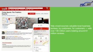 Yelp crowd-sources valuable local business
reviews, by customers, for customers — with
over 138 million users totaling around 61
million reviews.
 