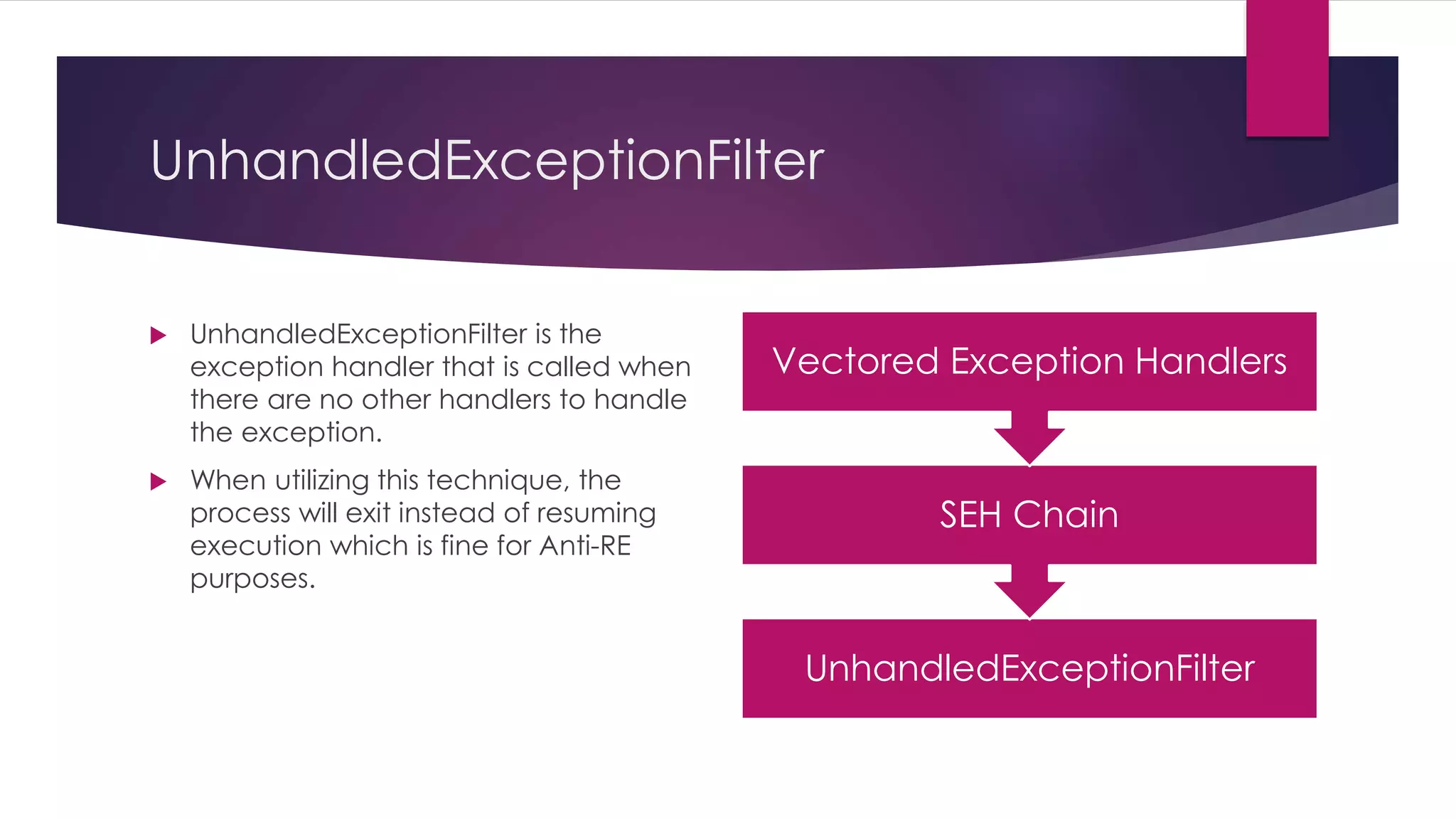 UnhandledExceptionFilter
 UnhandledExceptionFilter is the
exception handler that is called when
there are no other handlers to handle
the exception.
 When utilizing this technique, the
process will exit instead of resuming
execution which is fine for Anti-RE
purposes.
UnhandledExceptionFilter
SEH Chain
Vectored Exception Handlers
 