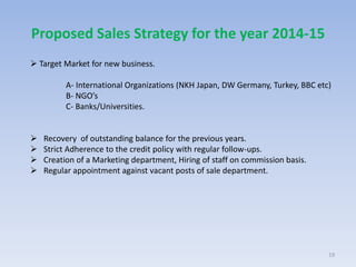 Proposed Sales Strategy for the year 2014-15
19
 Target Market for new business.
A- International Organizations (NKH Japan, DW Germany, Turkey, BBC etc)
B- NGO’s
C- Banks/Universities.
 Recovery of outstanding balance for the previous years.
 Strict Adherence to the credit policy with regular follow-ups.
 Creation of a Marketing department, Hiring of staff on commission basis.
 Regular appointment against vacant posts of sale department.
 