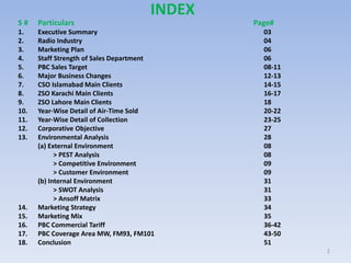 INDEX
S # Particulars Page#
1. Executive Summary 03
2. Radio Industry 04
3. Marketing Plan 06
4. Staff Strength of Sales Department 06
5. PBC Sales Target 08-11
6. Major Business Changes 12-13
7. CSO Islamabad Main Clients 14-15
8. ZSO Karachi Main Clients 16-17
9. ZSO Lahore Main Clients 18
10. Year-Wise Detail of Air-Time Sold 20-22
11. Year-Wise Detail of Collection 23-25
12. Corporative Objective 27
13. Environmental Analysis 28
(a) External Environment 08
> PEST Analysis 08
> Competitive Environment 09
> Customer Environment 09
(b) Internal Environment 31
> SWOT Analysis 31
> Ansoff Matrix 33
14. Marketing Strategy 34
15. Marketing Mix 35
16. PBC Commercial Tariff 36-42
17. PBC Coverage Area MW, FM93, FM101 43-50
18. Conclusion 51
2
 