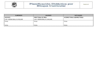 PÁGINA 5 DE 5 
ELABORADO VALIDADO VISTO BUENO 
DOCENTE: 
Lcdo. ADRIAN MALLA UYAGUARI 
DIRECTOR(A) DE ÁREA: 
Lcdo. ADRIAN MALLA UYAGUARI 
VICERRECTOR(A)/SUBDIRECTOR(A): 
Firma: 
Fecha: 
Firma: 
Fecha: 
Firma: 
Fecha: 
