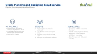 6www.datavail.com
Oracle Planning and Budgeting Cloud Service
Hyperion Planning available as a Cloud Service
AT A GLANCE
•...