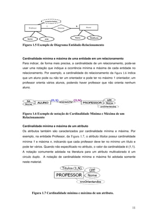 11
Figura 1.5 Exemplo de Diagrama Entidade-Relacionamento
Cardinalidade mínima e máxima de uma entidade em um relacionamento
Para indicar, de forma mais precisa, a cardinalidade de um relacionamento, pode-se
usar uma notação que indique a ocorrência mínima e máxima de cada entidade no
relacionamento. Por exemplo, a cardinalidade do relacionamento da Figura 1.6 indica
que um aluno pode ou não ter um orientador e pode ter no máximo 1 orientador; um
professor orienta vários alunos, podendo haver professor que não orienta nenhum
aluno.
Figura 1.6 Exemplo de notação de Cardinalidade Mínima e Máxima de um
Relacionamento
Cardinalidade mínima e máxima de um atributo
Os atributos também são caracterizados por cardinalidade mínima e máxima. Por
exemplo, na entidade Professor, da Figura 1.7, o atributo títulos possui cardinalidade
mínima 1 e máxima n, indicando que cada professor deve ter no mínimo um título e
pode ter vários. Quando não especificado no atributo, o valor da cardinalidade é (1,1).
A notação comumente adotada na literatura para um atributo multivalorado é um
circulo duplo. A notação de cardinalidade mínima e máxima foi adotada somente
neste material.
Figura 1.7 Cardinalidade mínima e máxima de um atributo.
 