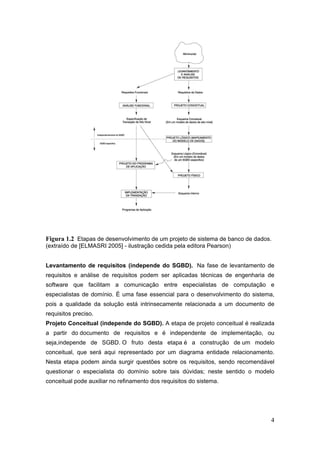 4
Figura 1.2 Etapas de desenvolvimento de um projeto de sistema de banco de dados.
(extraído de [ELMASRI 2005] - ilustração cedida pela editora Pearson)
Levantamento de requisitos (independe do SGBD). Na fase de levantamento de
requisitos e análise de requisitos podem ser aplicadas técnicas de engenharia de
software que facilitam a comunicação entre especialistas de computação e
especialistas de domínio. É uma fase essencial para o desenvolvimento do sistema,
pois a qualidade da solução está intrinsecamente relacionada a um documento de
requisitos preciso.
Projeto Conceitual (independe do SGBD). A etapa de projeto conceitual é realizada
a partir do documento de requisitos e é independente de implementação, ou
seja,independe de SGBD. O fruto desta etapa é a construção de um modelo
conceitual, que será aqui representado por um diagrama entidade relacionamento.
Nesta etapa podem ainda surgir questões sobre os requisitos, sendo recomendável
questionar o especialista do domínio sobre tais dúvidas; neste sentido o modelo
conceitual pode auxiliar no refinamento dos requisitos do sistema.
 