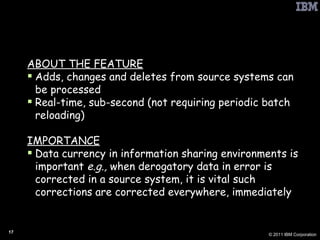 PbD: Data Tethering ABOUT THE FEATURE Adds, changes and deletes from source systems can be processed Real-time, sub-second (not requiring periodic batch reloading) IMPORTANCE Data currency in information sharing environments is important  e.g.,  when derogatory data in error is corrected in a source system, it is vital such corrections are corrected everywhere, immediately 