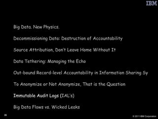Related Reference Material Big Data. New Physics. Decommissioning Data: Destruction of Accountability Source Attribution, Don’t Leave Home Without It Data Tethering: Managing the Echo Out-bound Record-level Accountability in Information Sharing Systems To  Anonymize  or Not  Anonymize , That is the Question Immutable Audit Logs ( IAL’s ) Big Data Flows vs. Wicked Leaks 