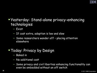 Privacy-Enhancing Technology, State of the Union Yesterday: Stand-alone privacy-enhancing technologies Exist If cost extra, adoption is low and slow Some researchers wander off – placing attention elsewhere Today: Privacy by Design Baked in No additional cost Some privacy and civil liberties enhancing functionality can even be embedded without an off switch 