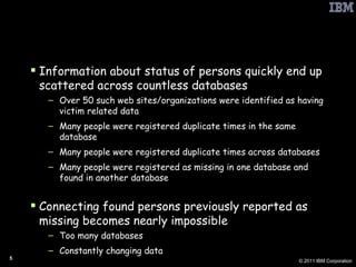 Katrina – Missing Persons Reunification Project Information about status of persons quickly end up scattered across countless databases Over 50 such web sites/organizations were identified as having victim related data Many people were registered duplicate times in the same database Many people were registered duplicate times across databases Many people were registered as missing in one database and found in another database Connecting found persons previously reported as missing becomes nearly impossible Too many databases Constantly changing data 