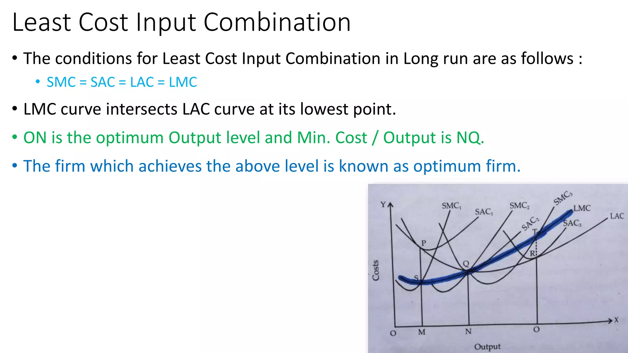 Least Cost Input Combination
• The conditions for Least Cost Input Combination in Long run are as follows :
• SMC = SAC = LAC = LMC
• LMC curve intersects LAC curve at its lowest point.
• ON is the optimum Output level and Min. Cost / Output is NQ.
• The firm which achieves the above level is known as optimum firm.
 